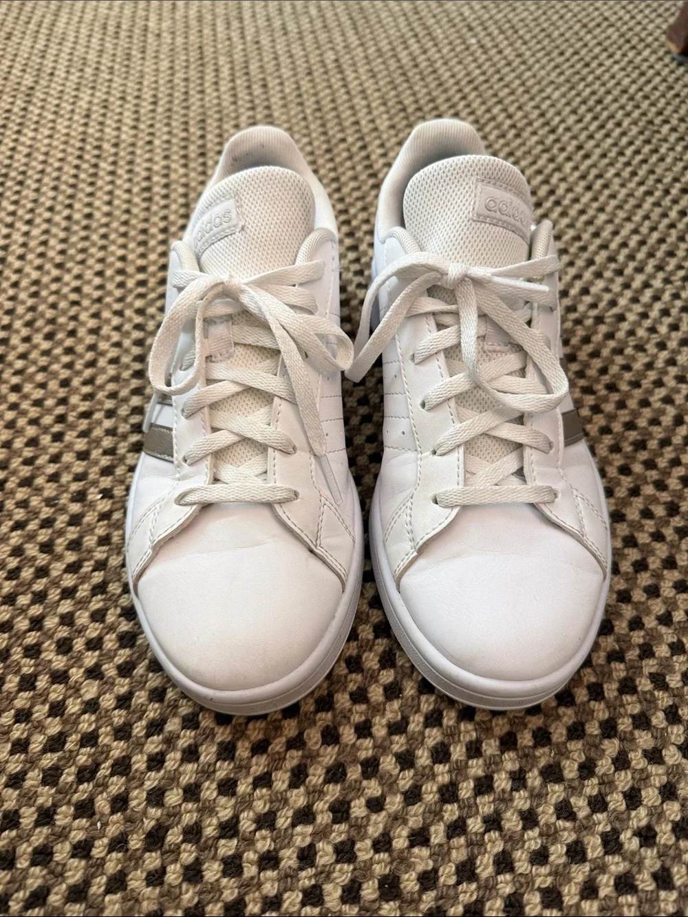 adidas White Sneakers with Metallic Silver Stripes